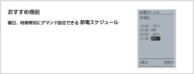 曜日、時間帯別にデマンド設定できる 節電スケジュール